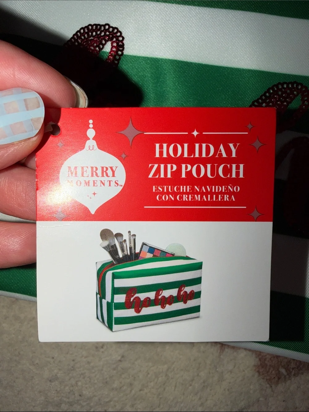 NEW Merry Moments Green Striped 'ho ho ho' Cosmetic Bag
